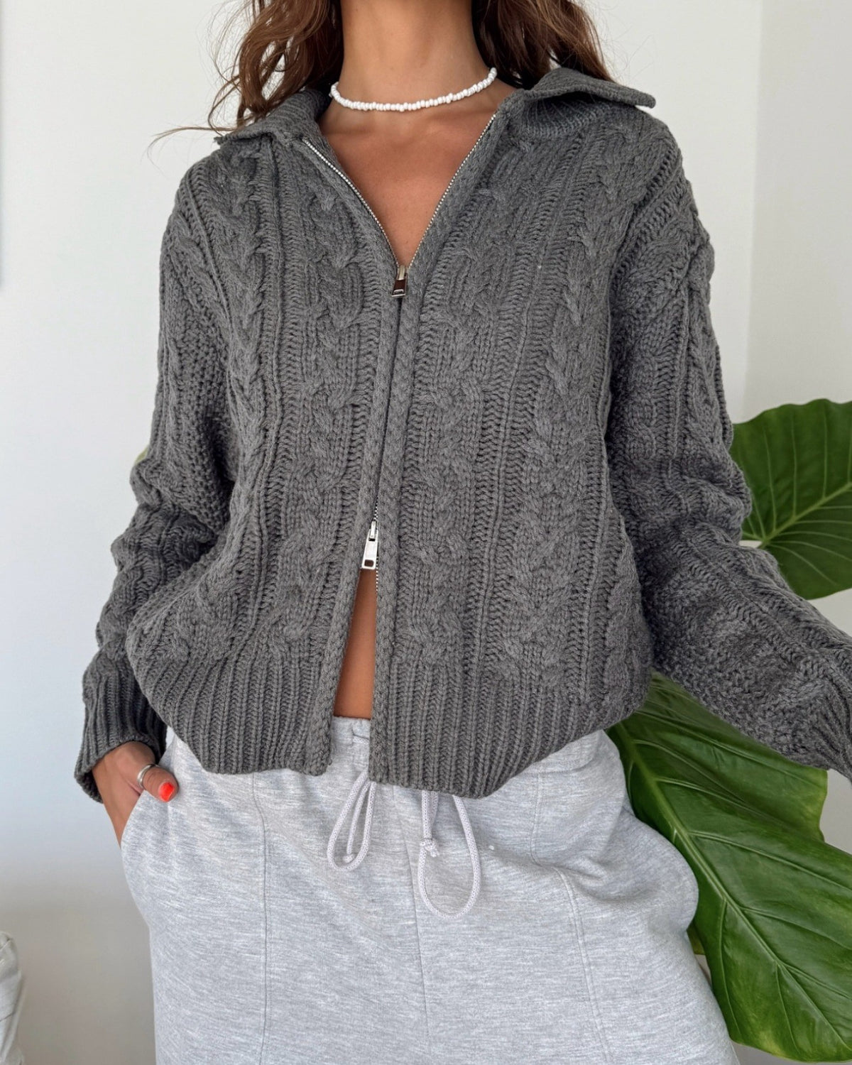 Cable Knit Hooded Zip Up Cardigan - Gray - 1