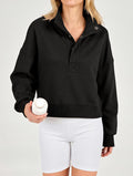 Cropped Funnel Neck Sweatshirt With Snap Placket - Black