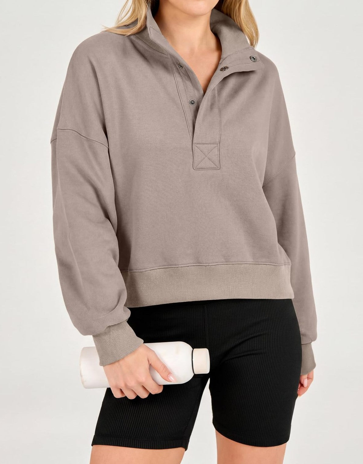Cropped Funnel Neck Sweatshirt With Snap Placket - Camel