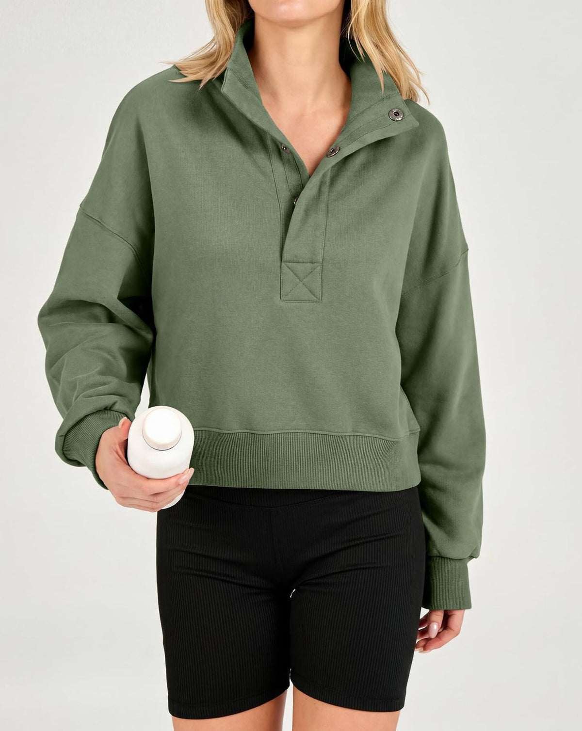 Cropped Funnel Neck Sweatshirt With Snap Placket - Green