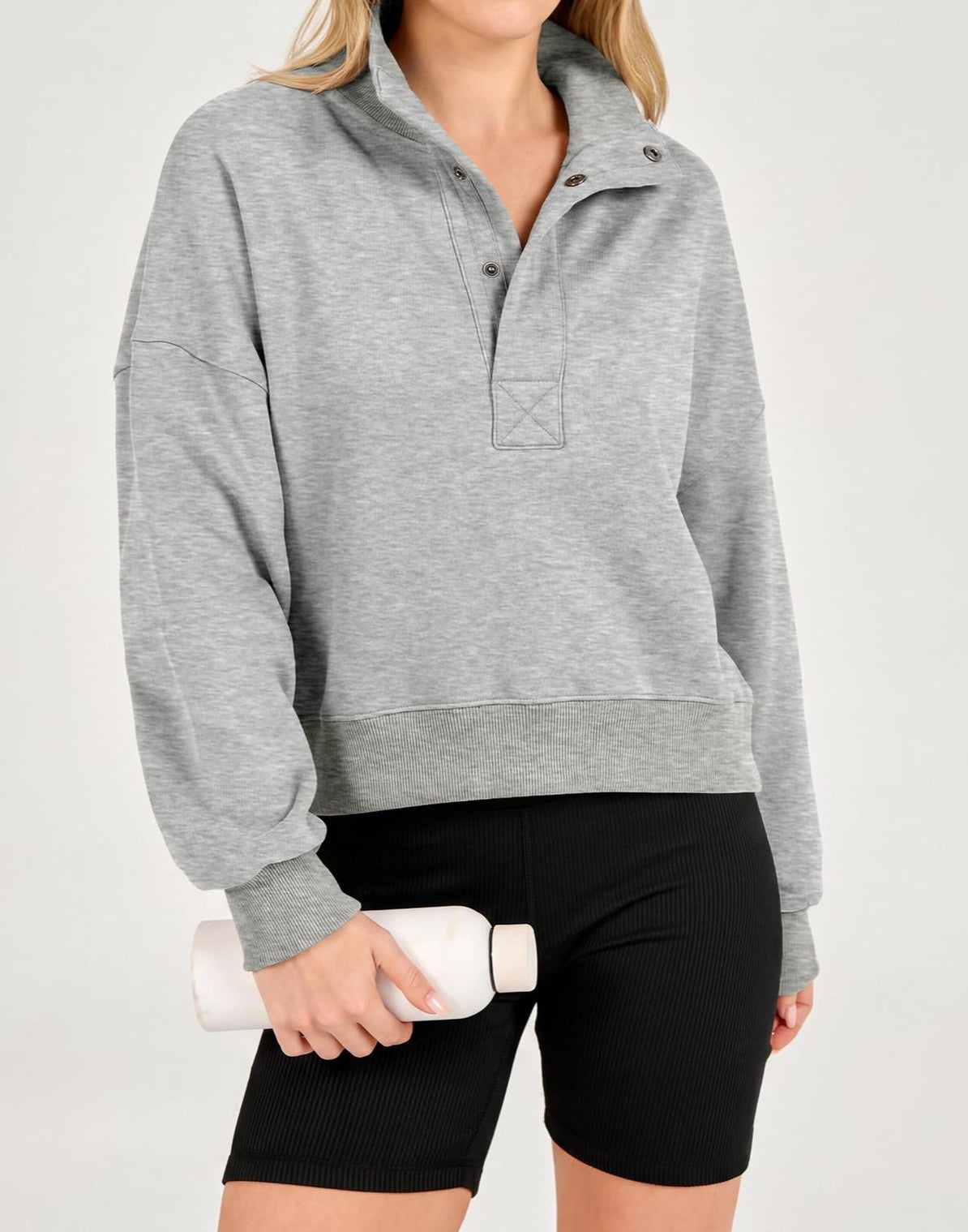 Cropped Funnel Neck Sweatshirt With Snap Placket - Grey