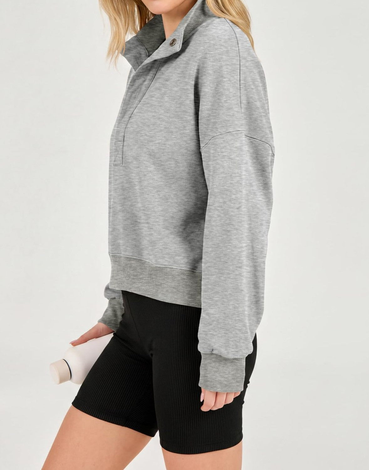 Cropped Funnel Neck Sweatshirt With Snap Placket - Grey - 1
