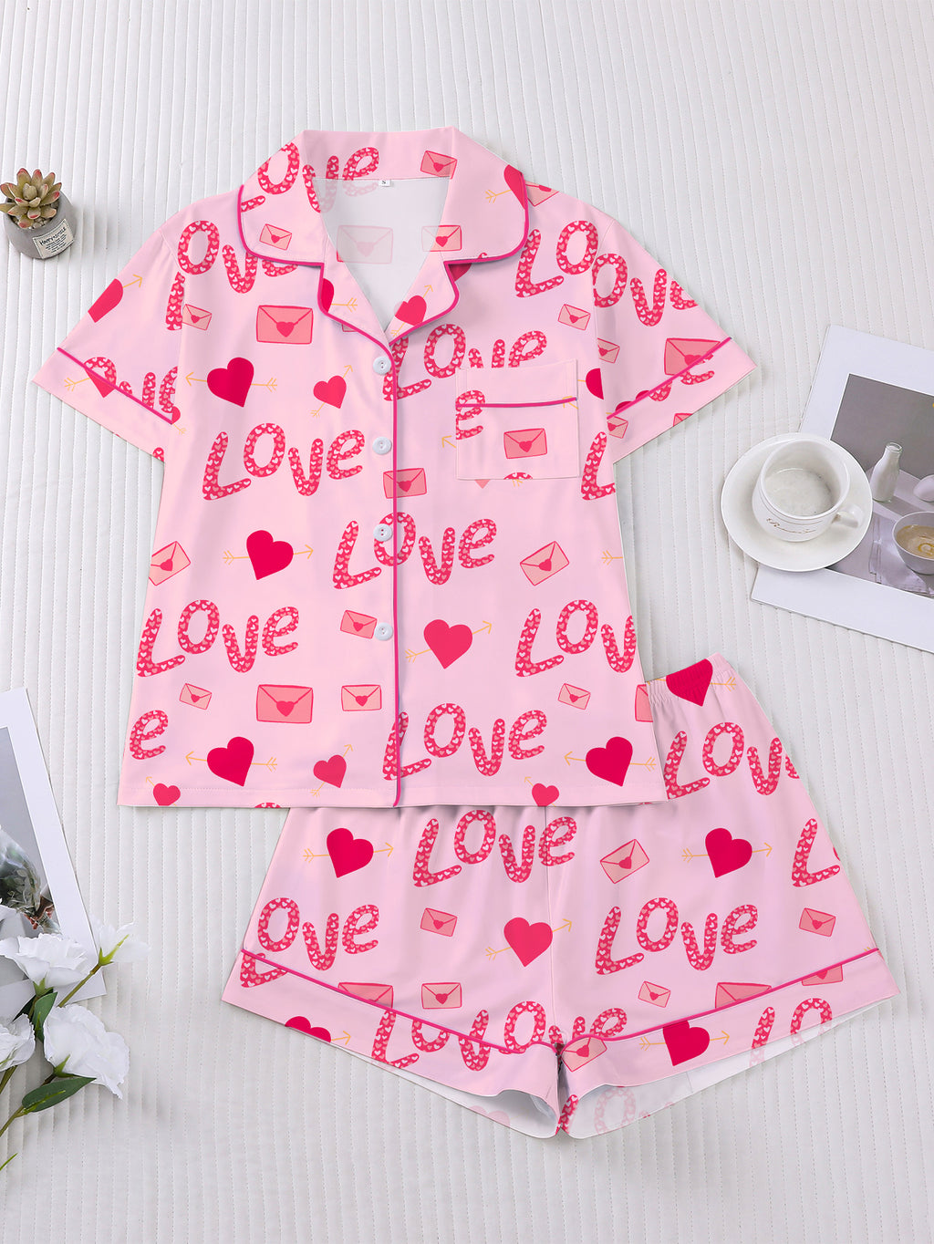 Heart and Envelope Print Satin Sleep Set - Pink