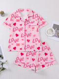 Heart and Envelope Print Satin Sleep Set - Pink