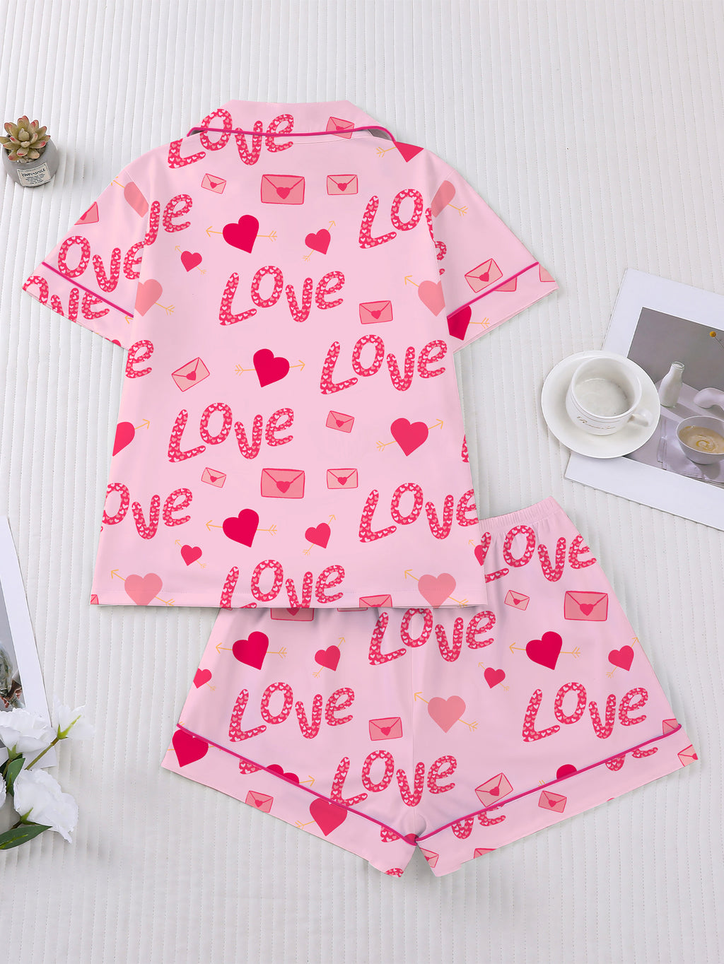 Heart and Envelope Print Satin Sleep Set - Pink - 1