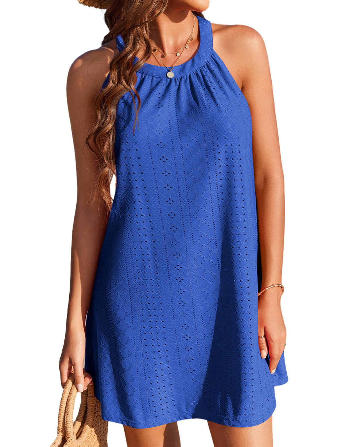 Halter Neck Eyelet Swing Beach Dress - Blue