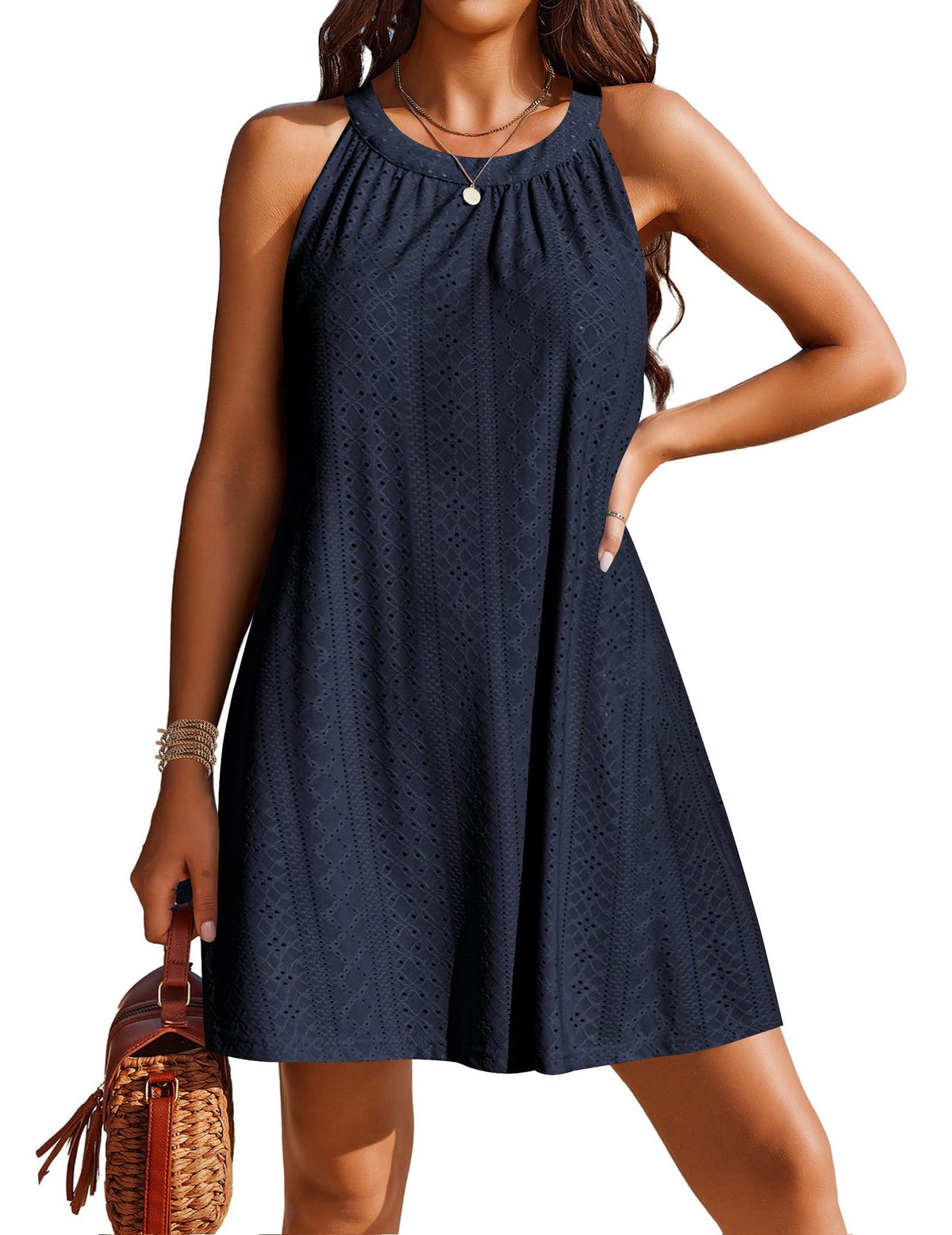 Halter Neck Eyelet Swing Beach Dress - navy