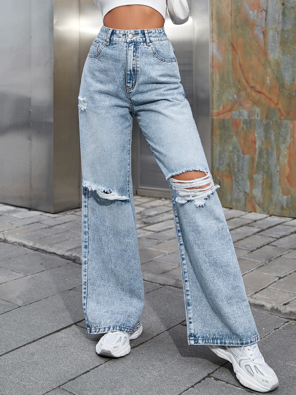 Ripped Knee High Rise Relaxed Wide Leg Jeans - Light Blue