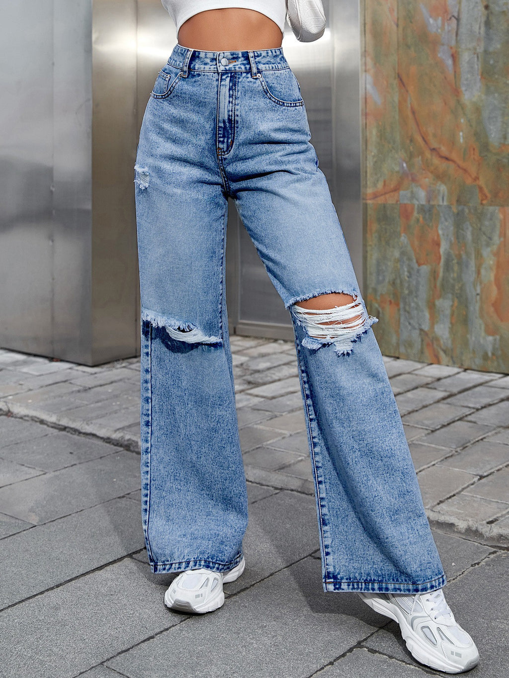 Ripped Knee High Rise Relaxed Wide Leg Jeans - Medium Blue