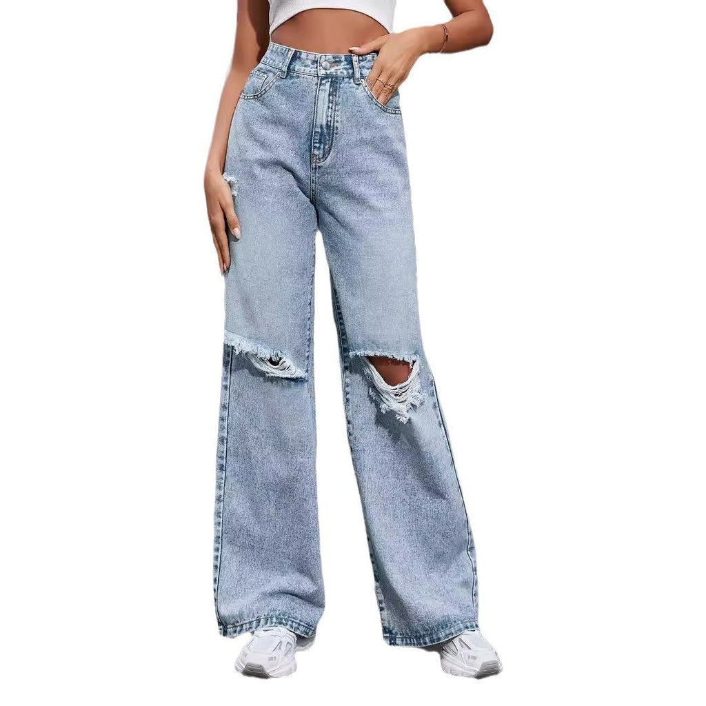 Ripped Knee High Rise Relaxed Wide Leg Jeans