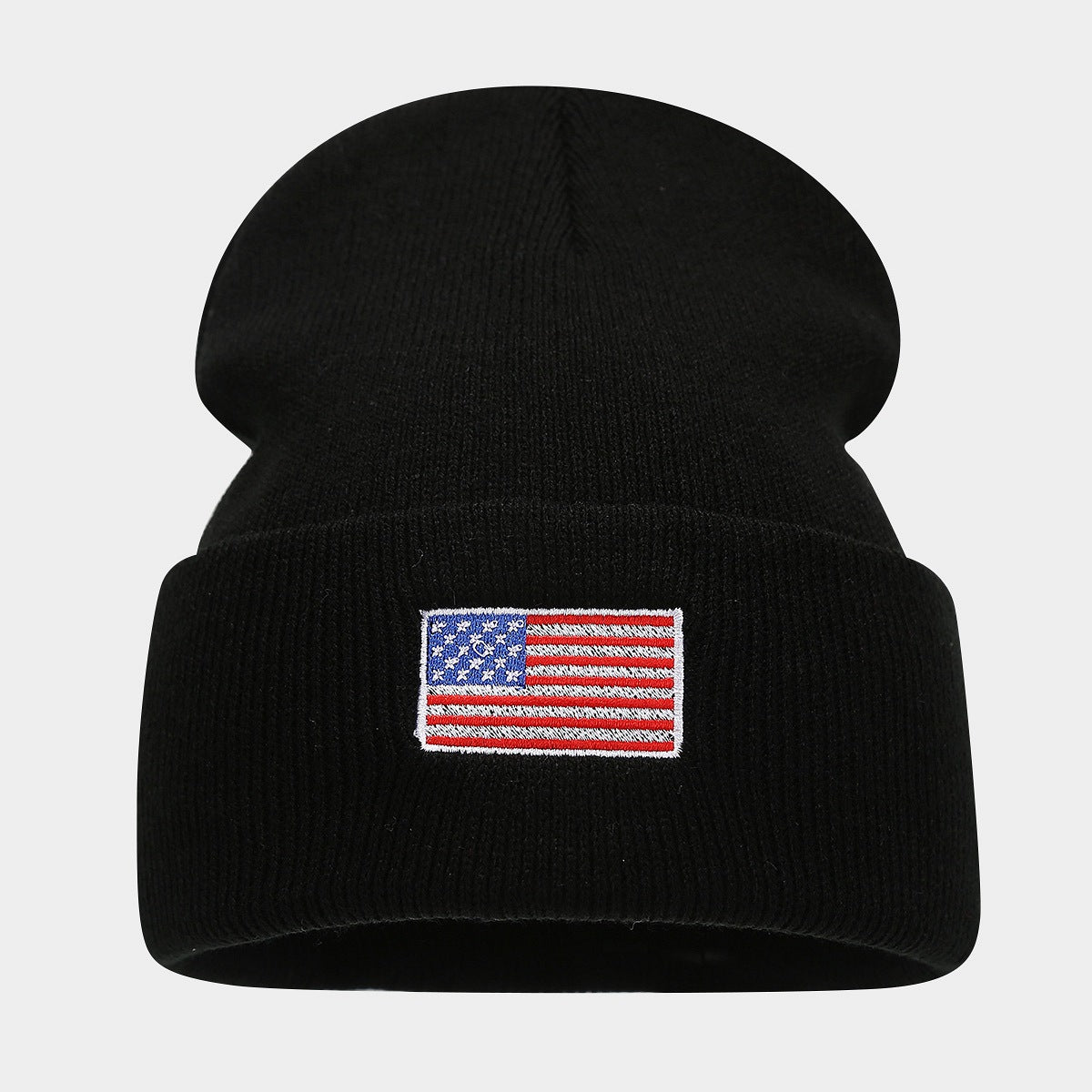 Embroidered Flag Patch Cuffed Knit Beanie - Black