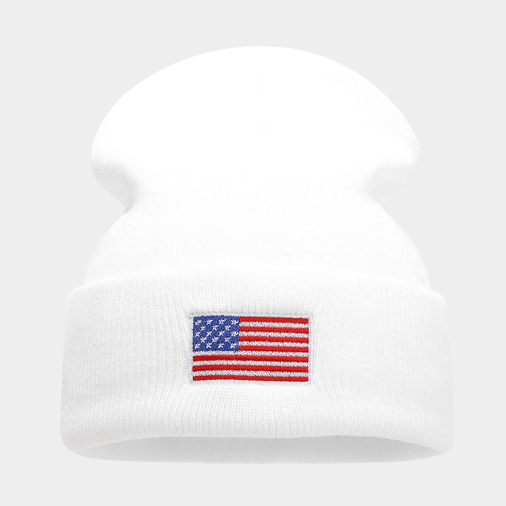 Embroidered Flag Patch Cuffed Knit Beanie - White
