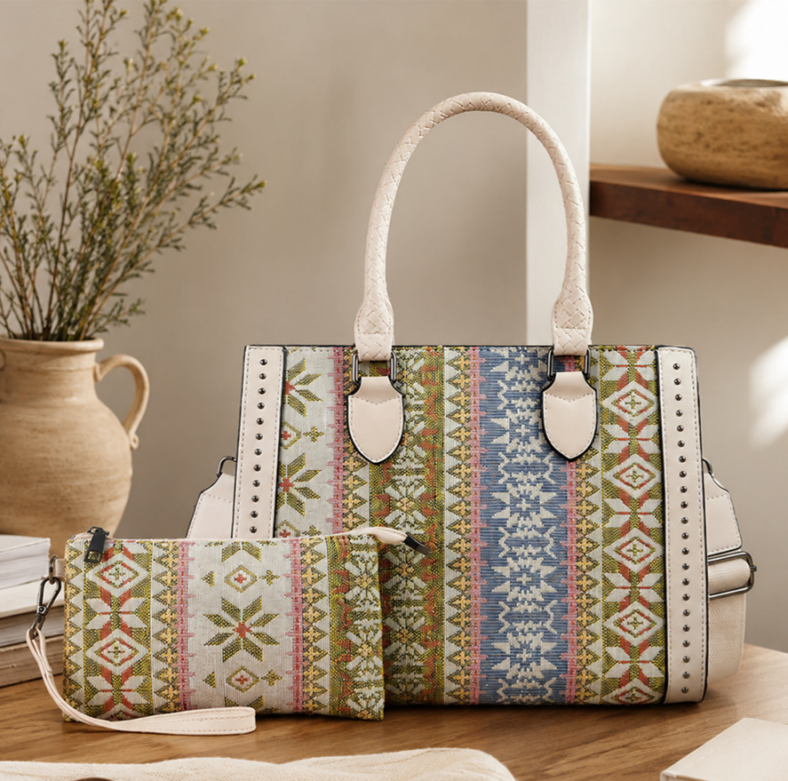 Boho Aztec Jacquard Tote Bag and Wristlet Set - Beige