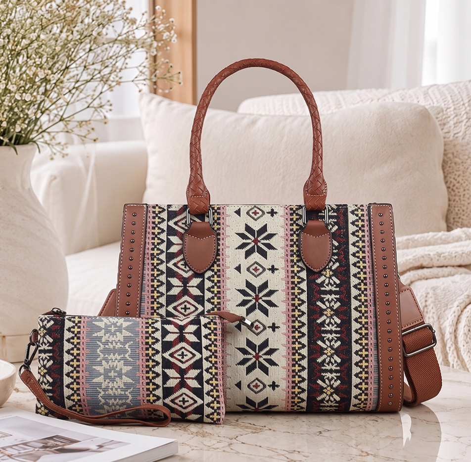 Boho Aztec Jacquard Tote Bag and Wristlet Set - Brown