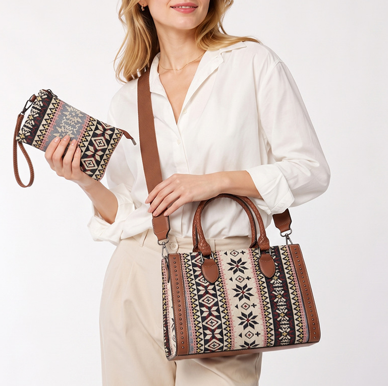 Boho Aztec Jacquard Tote Bag and Wristlet Set - Brown - 3