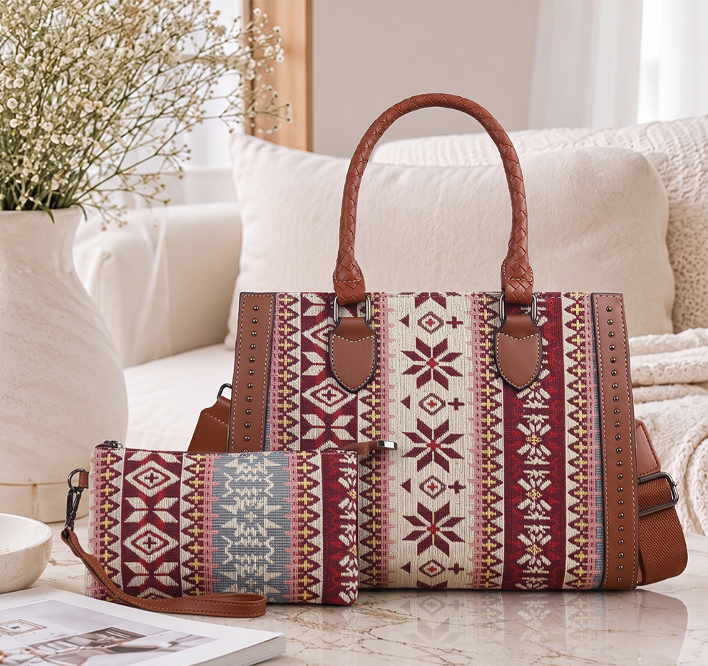 Boho Aztec Jacquard Tote Bag and Wristlet Set - Red