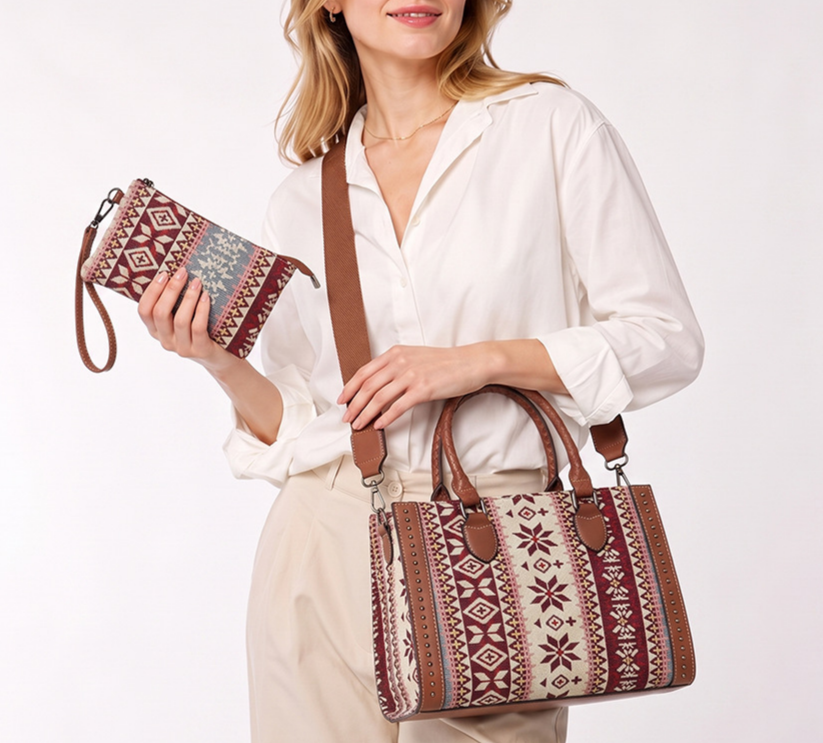 Boho Aztec Jacquard Tote Bag and Wristlet Set - Red - 1