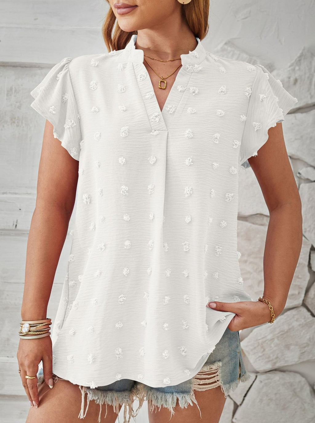 Pom Dot Stand Collar Flutter Sleeve Blouse - Black - 1