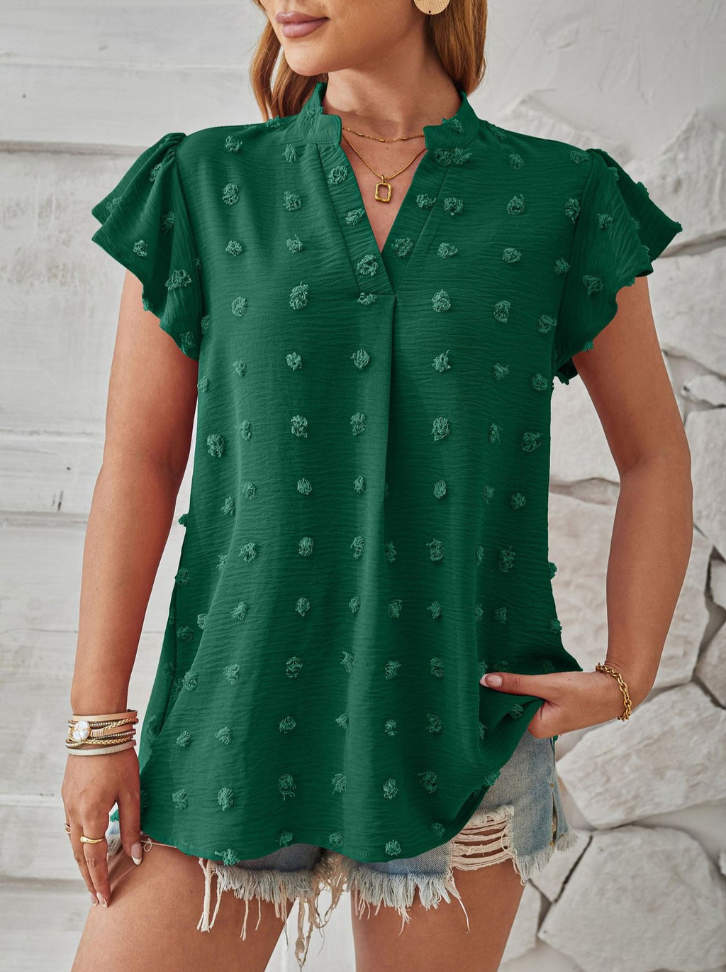 Pom Dot Stand Collar Flutter Sleeve Blouse - DarkGreen - 2