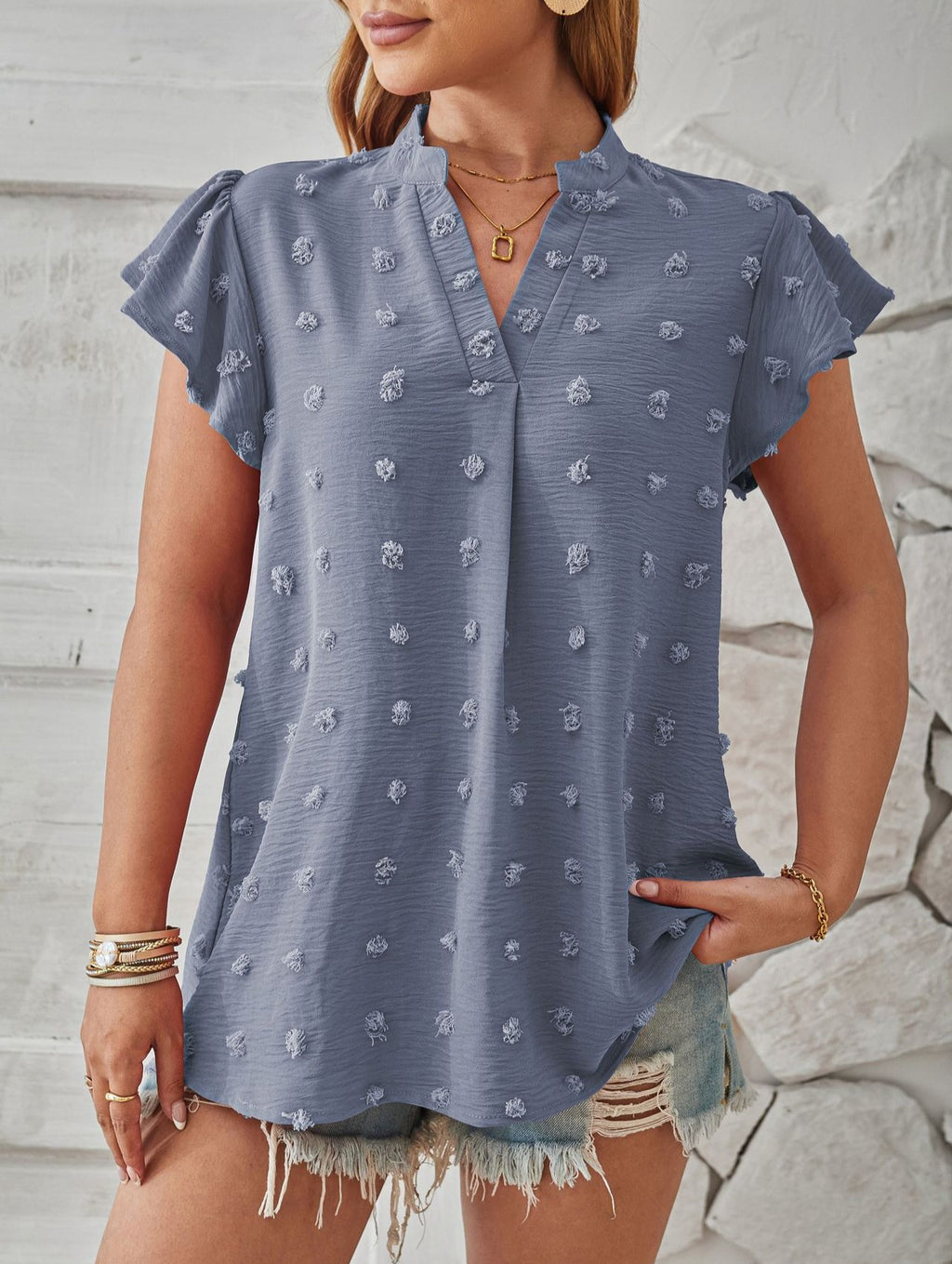 Pom Dot Stand Collar Flutter Sleeve Blouse - MistBlue - 2