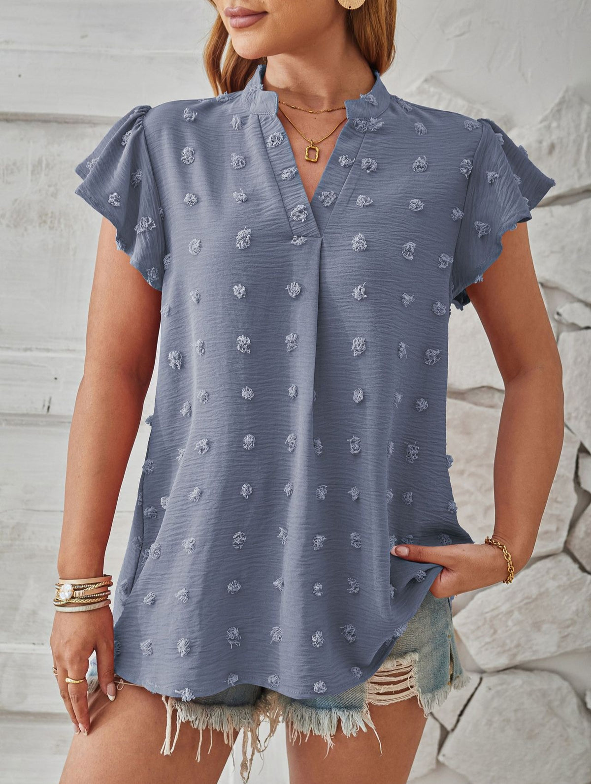 Pom Dot Stand Collar Flutter Sleeve Blouse - MistBlue - 2