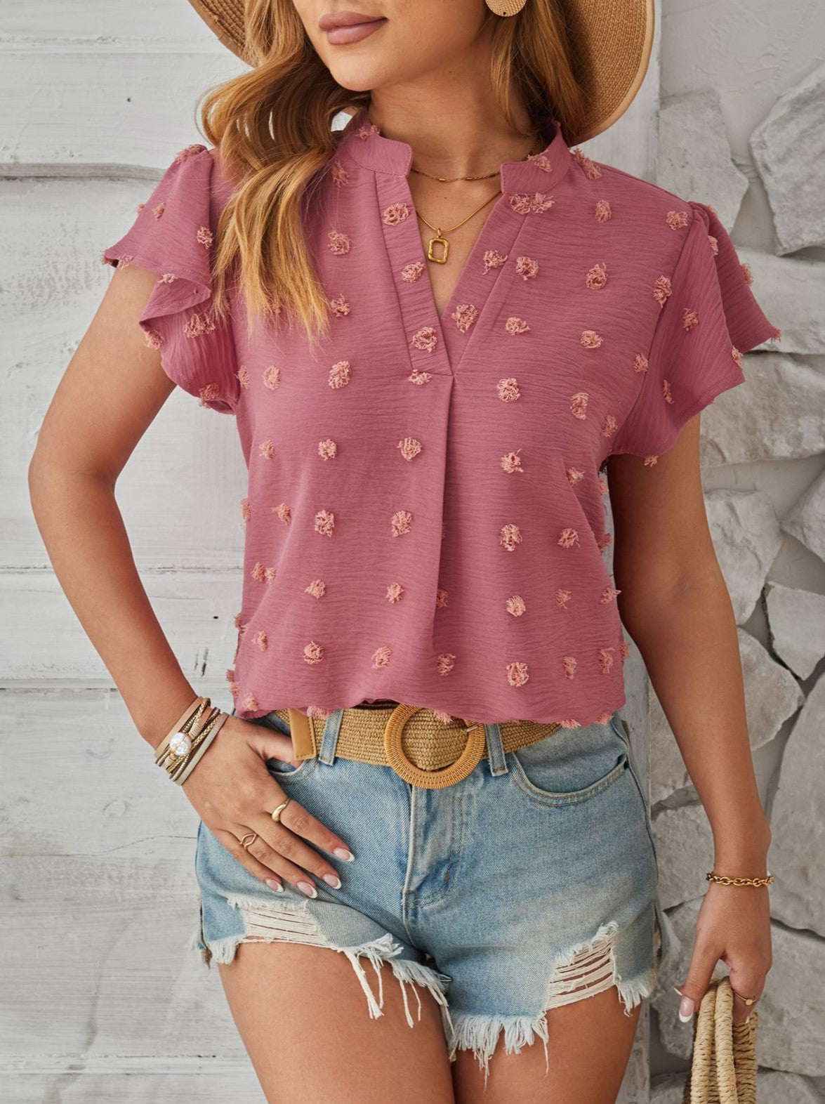 Pom Dot Stand Collar Flutter Sleeve Blouse - Pink