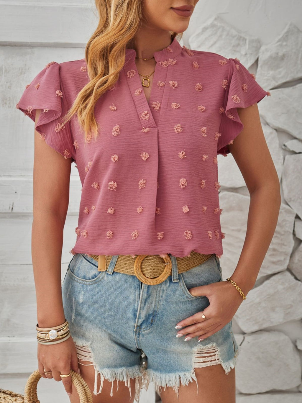 Pom Dot Stand Collar Flutter Sleeve Blouse - Pink - 1
