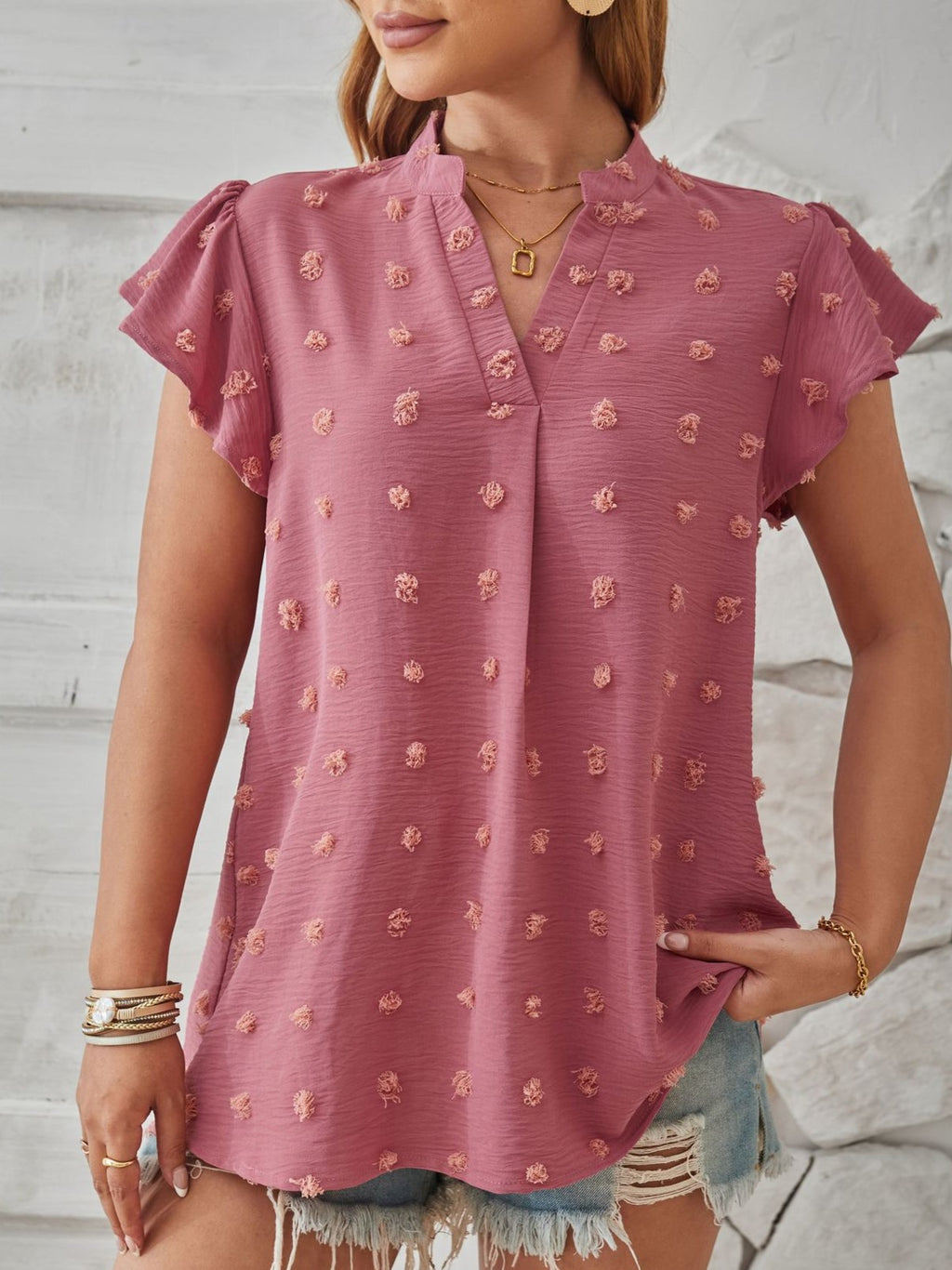 Pom Dot Stand Collar Flutter Sleeve Blouse - Pink - 2
