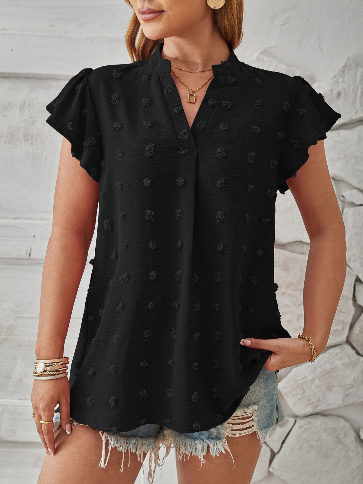 Pom Dot Stand Collar Flutter Sleeve Blouse - White - 1