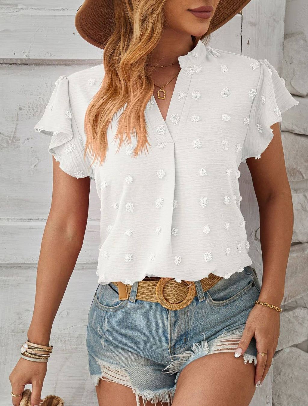 Pom Dot Stand Collar Flutter Sleeve Blouse