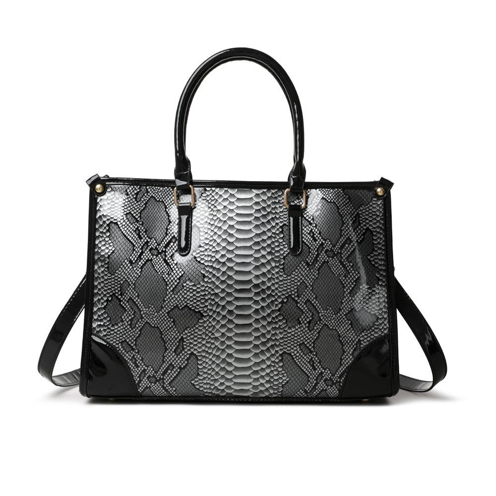 Glossy Snake Embossed Top Handle Satchel - Gray