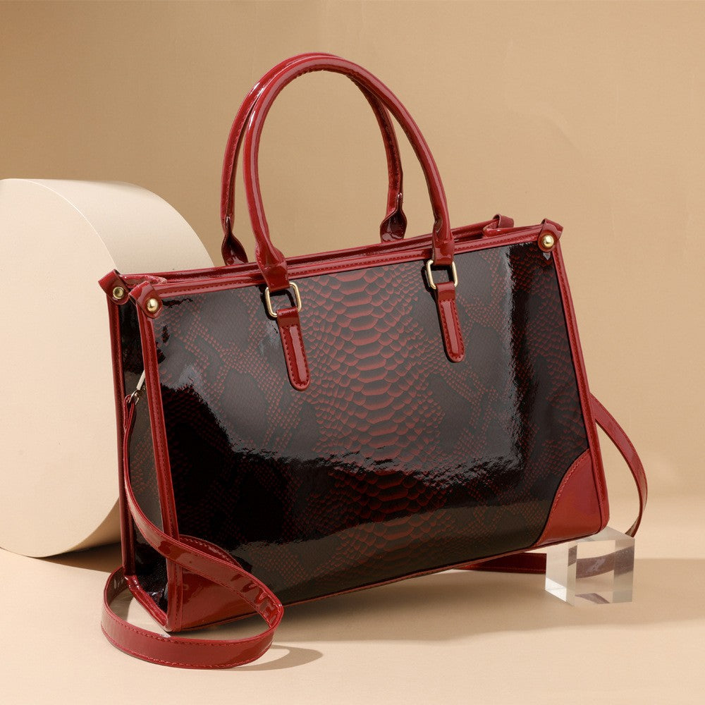 Glossy Snake Embossed Top Handle Satchel