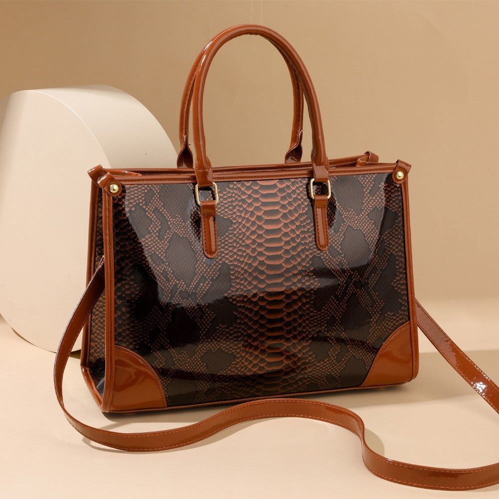 Glossy Snake Embossed Top Handle Satchel