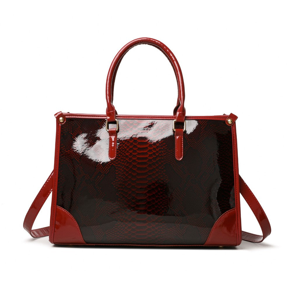 Glossy Snake Embossed Top Handle Satchel