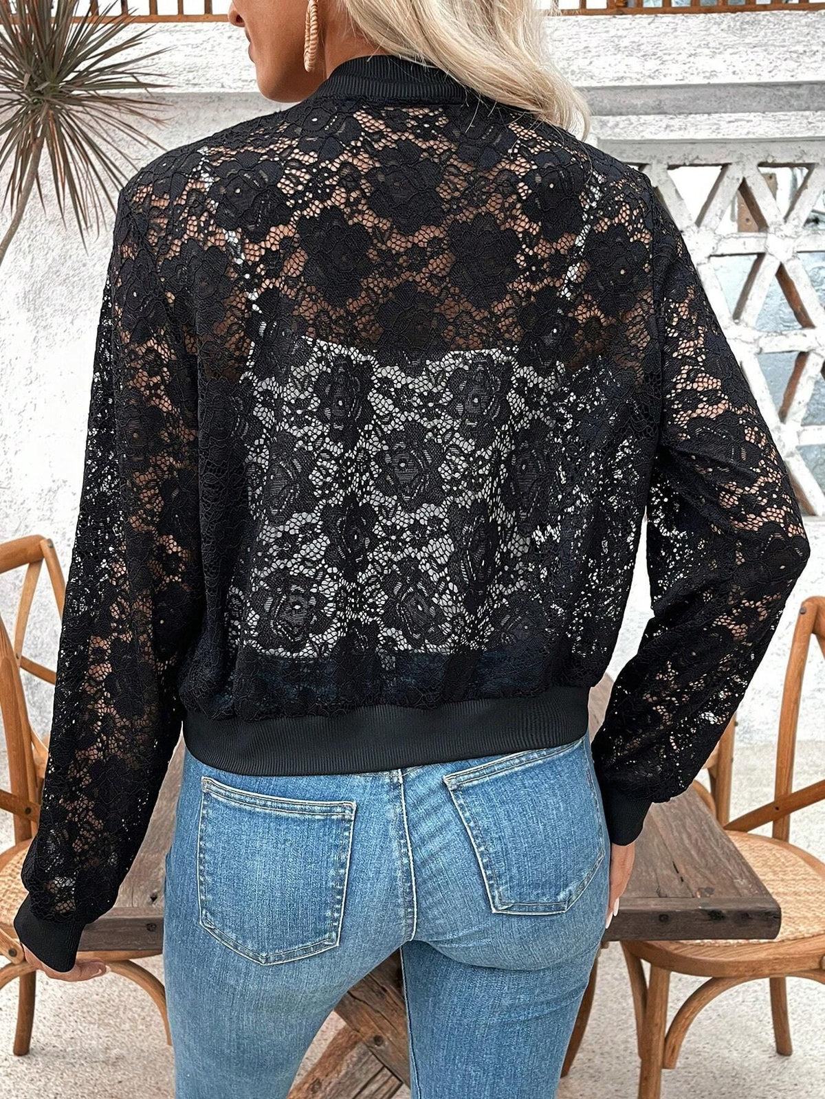 Sheer Lace Zip Front Bomber Jacket - Black - 2