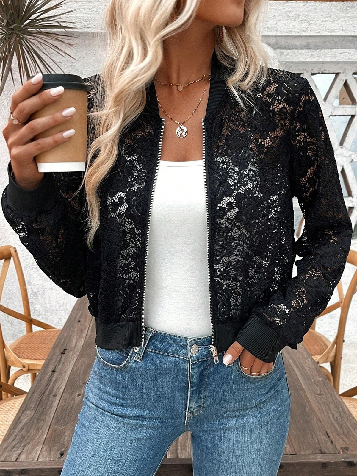 Sheer Lace Zip Front Bomber Jacket - Black - 3