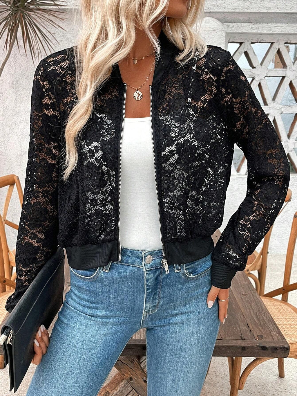 Sheer Lace Zip Front Bomber Jacket