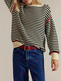 Contrast Trim Striped Oversized Knit Sweater - Beige