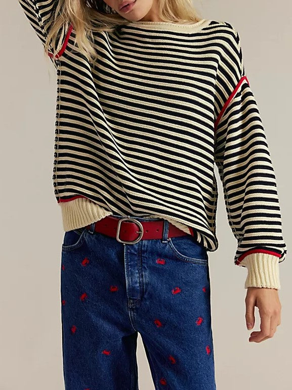 Contrast Trim Striped Oversized Knit Sweater - Beige