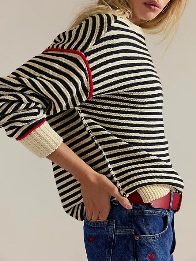 Contrast Trim Striped Oversized Knit Sweater - Beige - 2