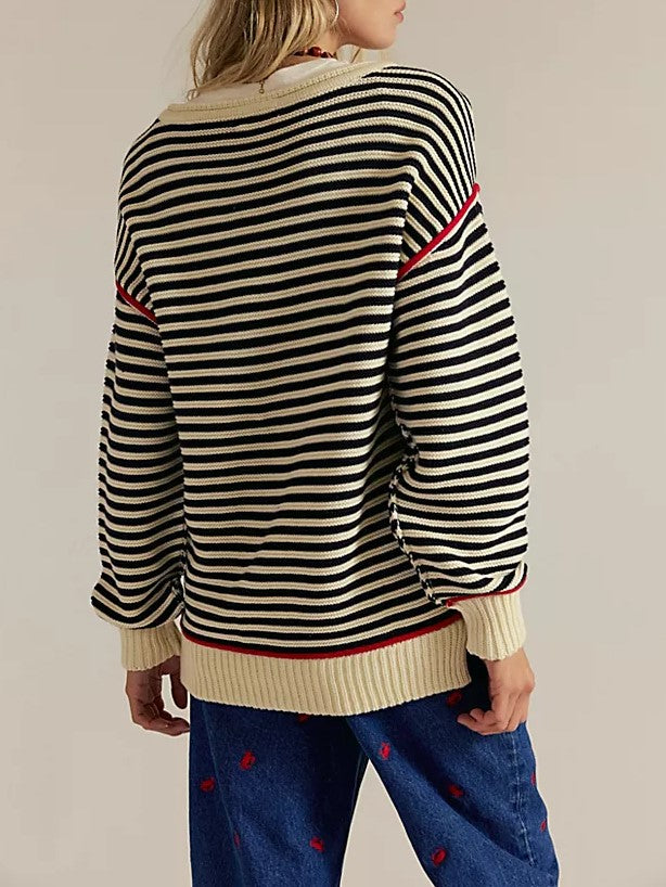 Contrast Trim Striped Oversized Knit Sweater - Beige - 3