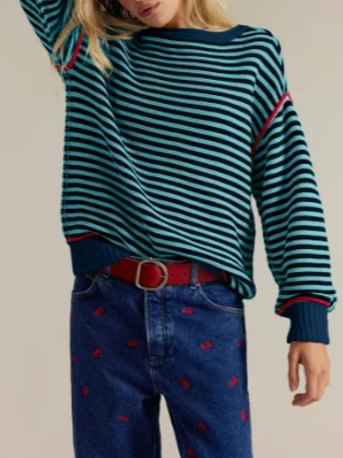 Contrast Trim Striped Oversized Knit Sweater - Navy