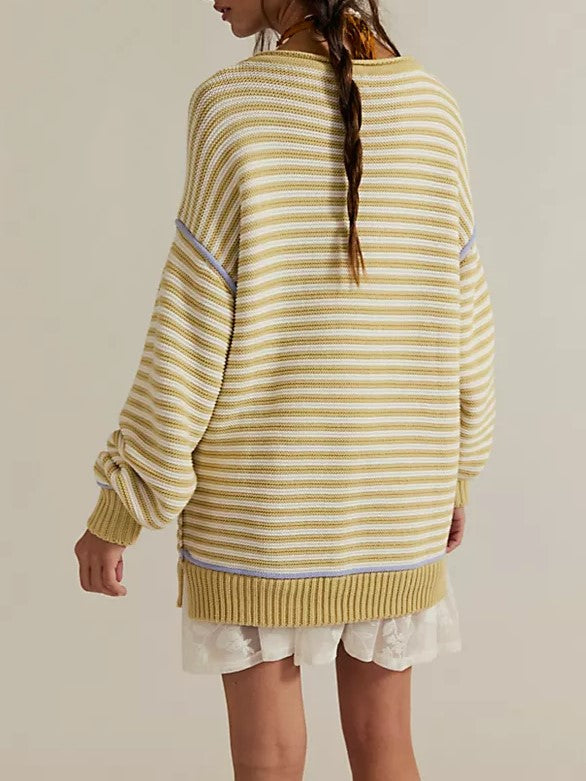 Contrast Trim Striped Oversized Knit Sweater - Yellow - 1