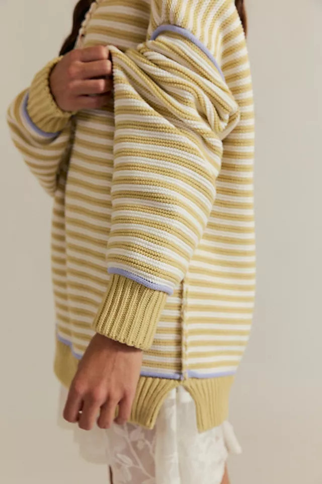 Contrast Trim Striped Oversized Knit Sweater - Yellow - 2