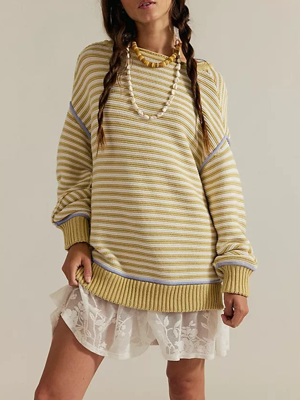 Contrast Trim Striped Oversized Knit Sweater - Yellow - 3