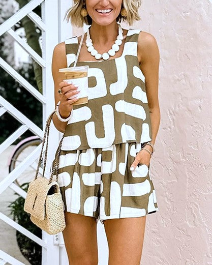 Abstract Print Square Neck Top and Shorts Set