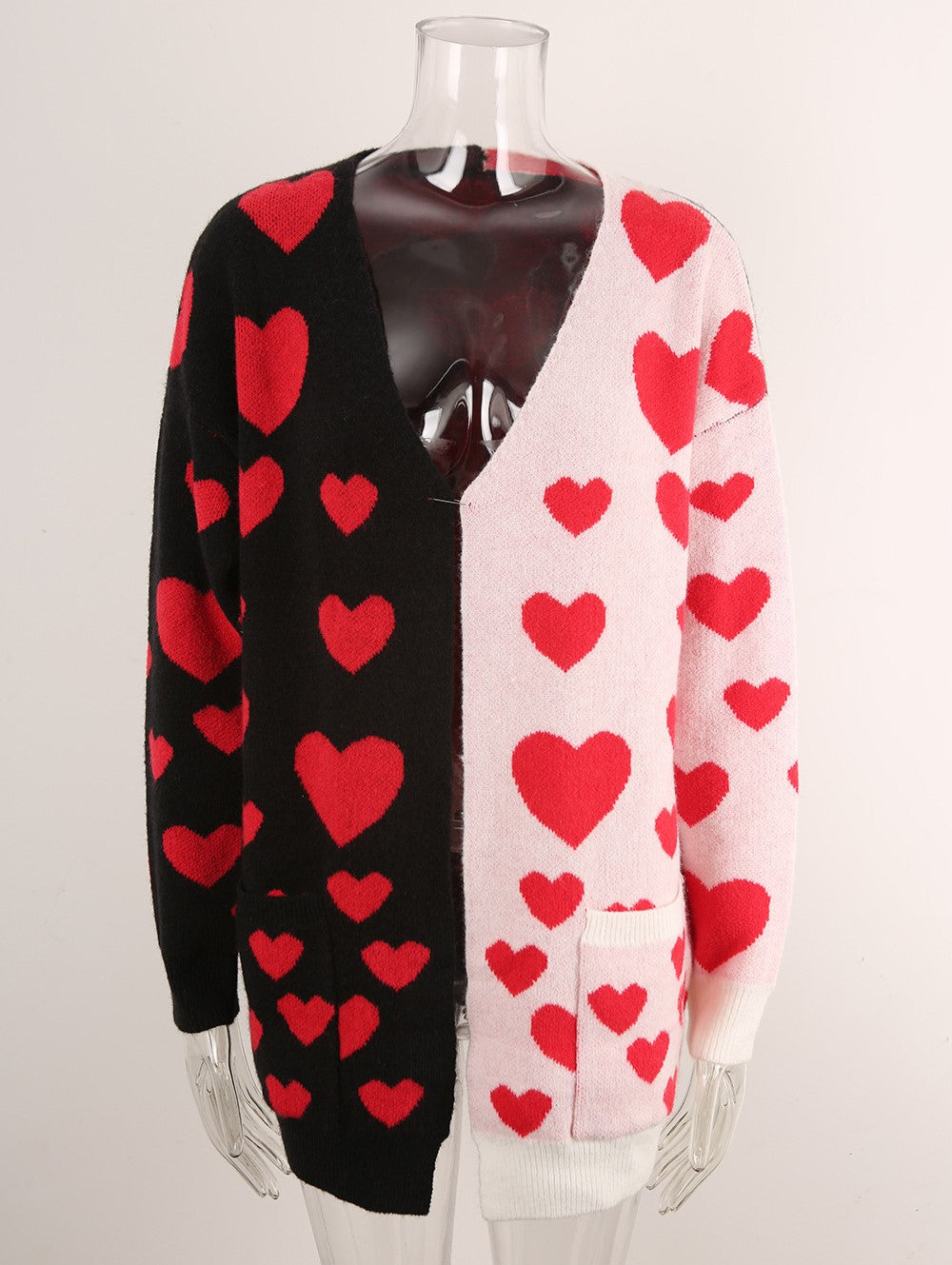 Two Tone Heart Cardigan With Patch Pockets - Black