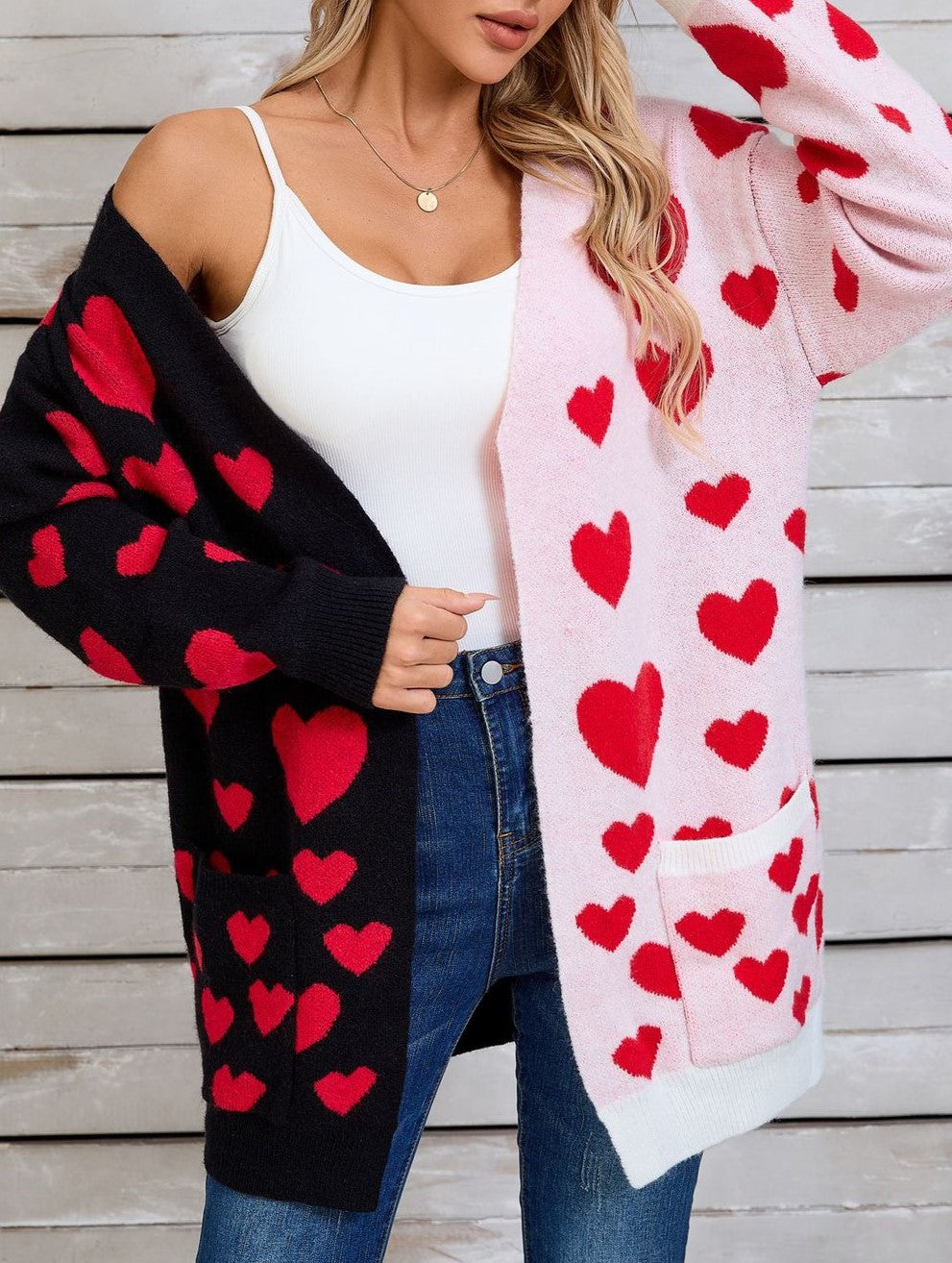 Two Tone Heart Cardigan With Patch Pockets - Black - 1