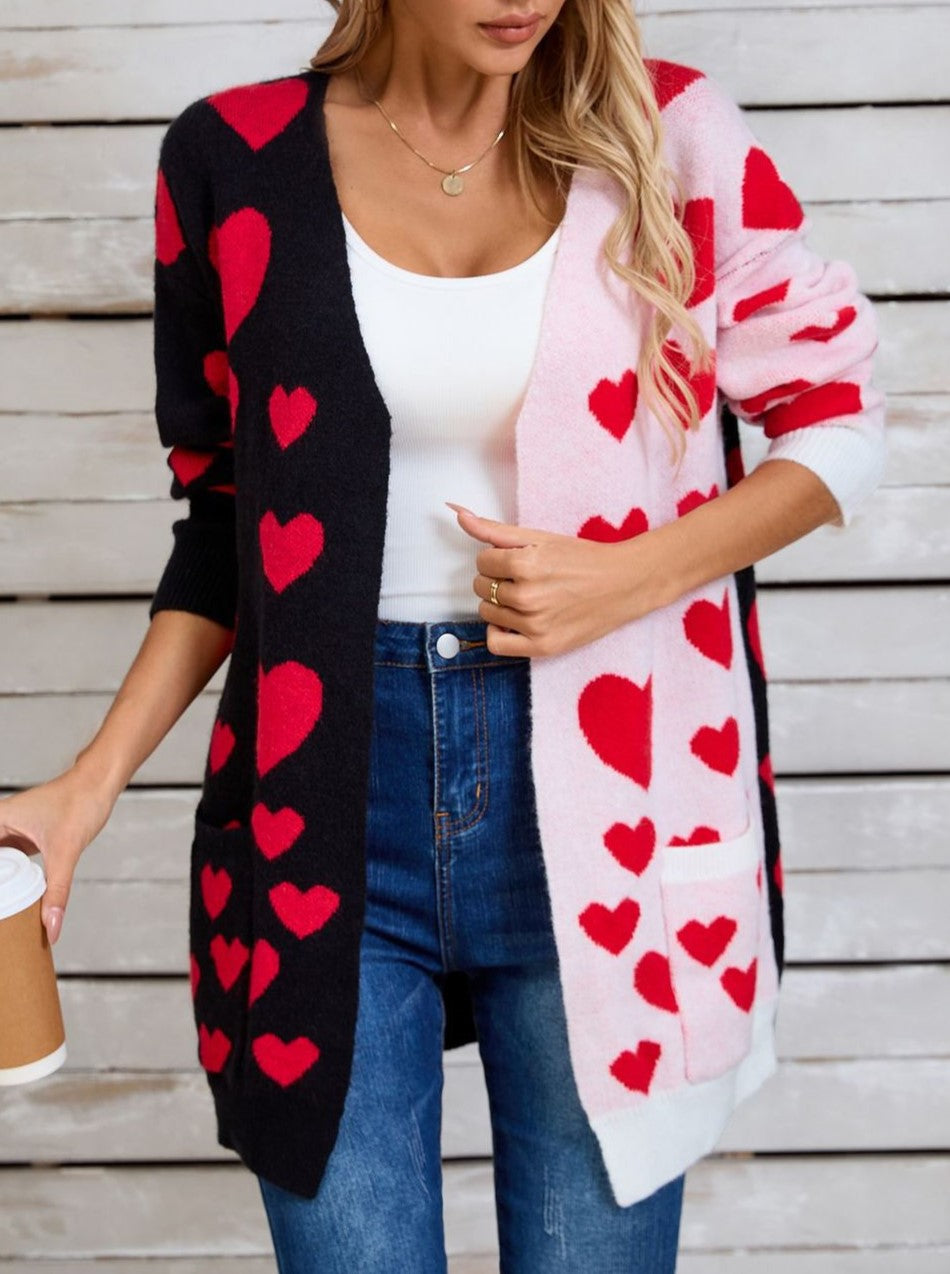 Two Tone Heart Cardigan With Patch Pockets - Black - 2