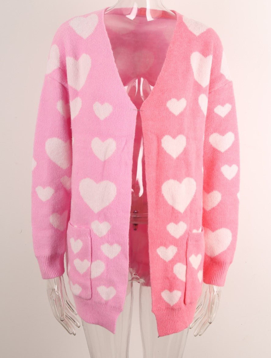 Two Tone Heart Cardigan With Patch Pockets - Pink